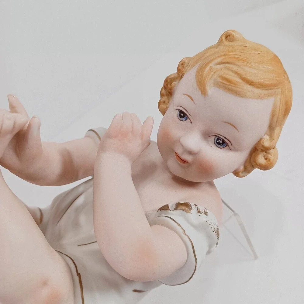 Vintage KPM Set Of 2 Large Bisque Porcelain Piano Babies Blonde Blue Eyes Japan
